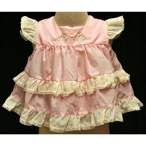 Vtg 1970s Pink Baby Dress Retro White Ruffles Strawberry Heart Embroidery